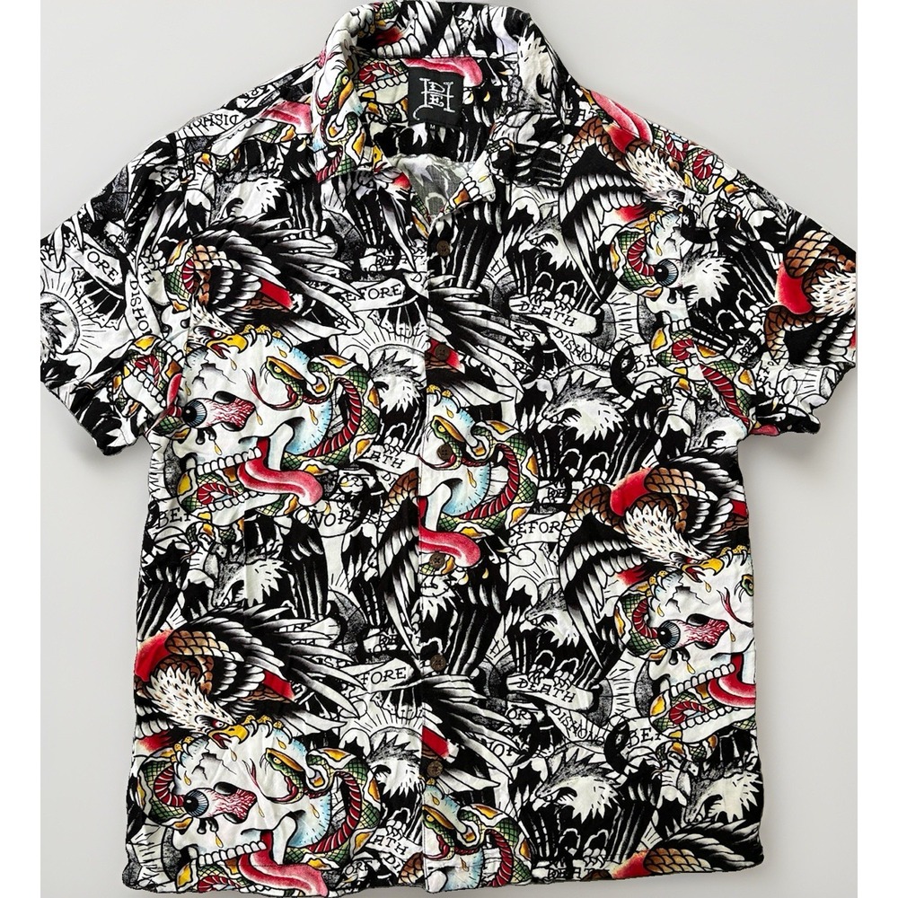 Ed Hardy Battle Skull Tattoo Art Print Button Up Short Sleeve‎ Shirt Medium AOP